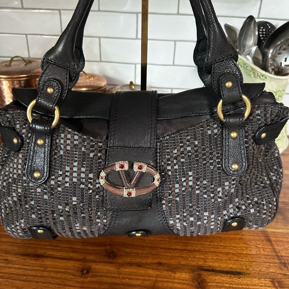 Valentino Garavani Black and Brown Shoulder Bag with Woven Design. Dustbag